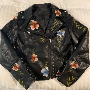Embroidered Faux Leather Jacket